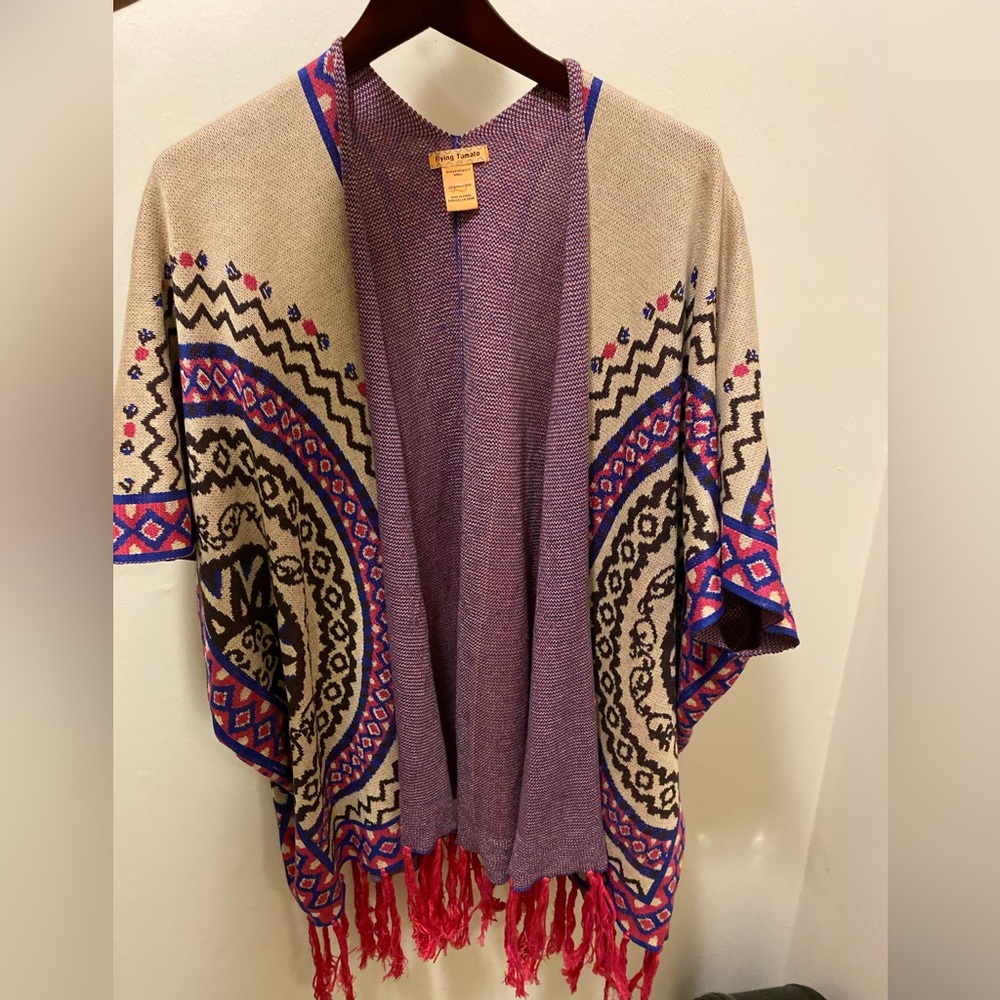 Open Front Aztec Pattern Poncho Sweater - Picture 8 of 9